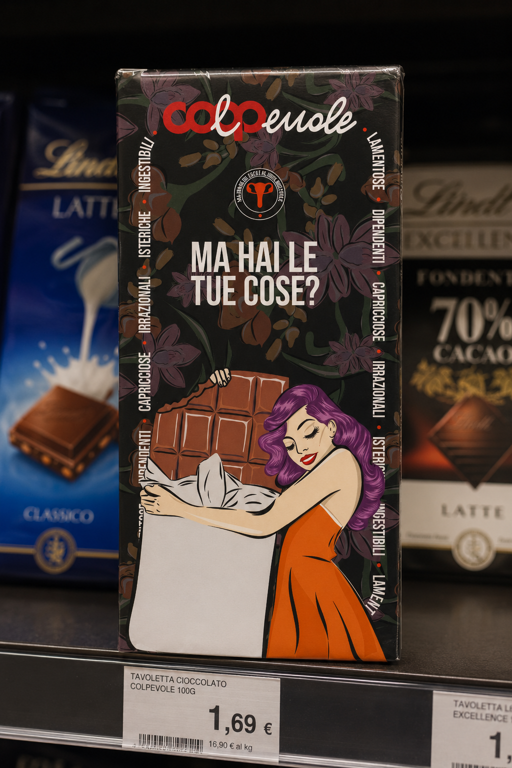 Packaging fittizio della barretta di cioccolata COLPEVOLE