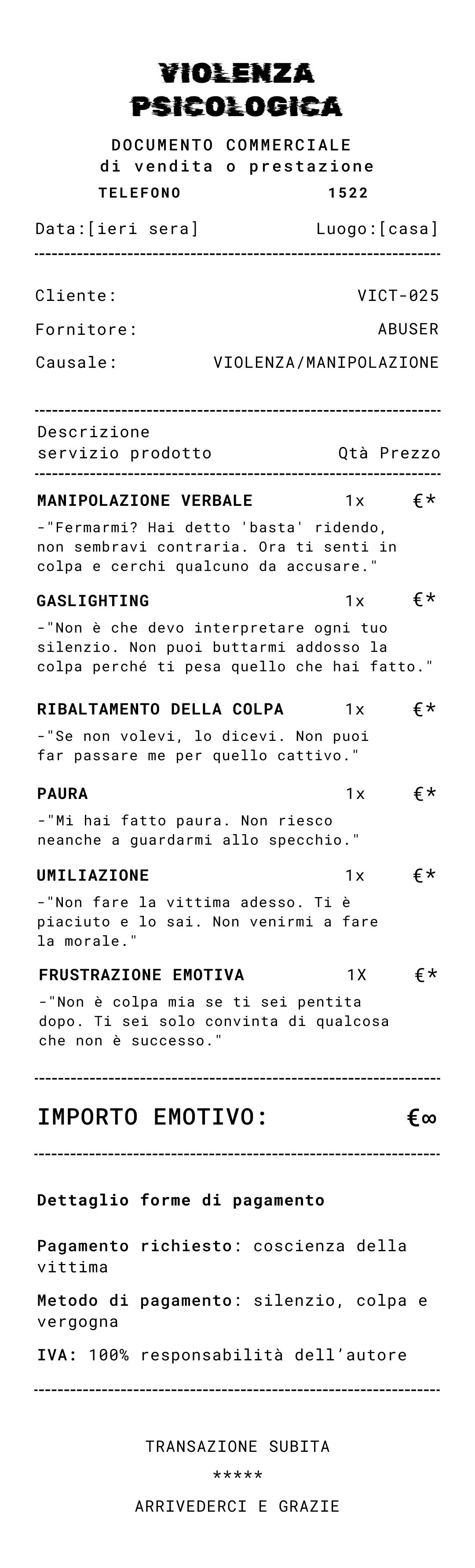 Scontrino della Violenza - Layout tipografico integrale con conversazioni reali